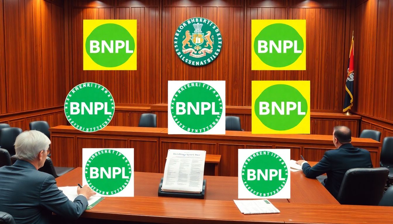 A courtroom scene with BNPL logos and regulatory documents.