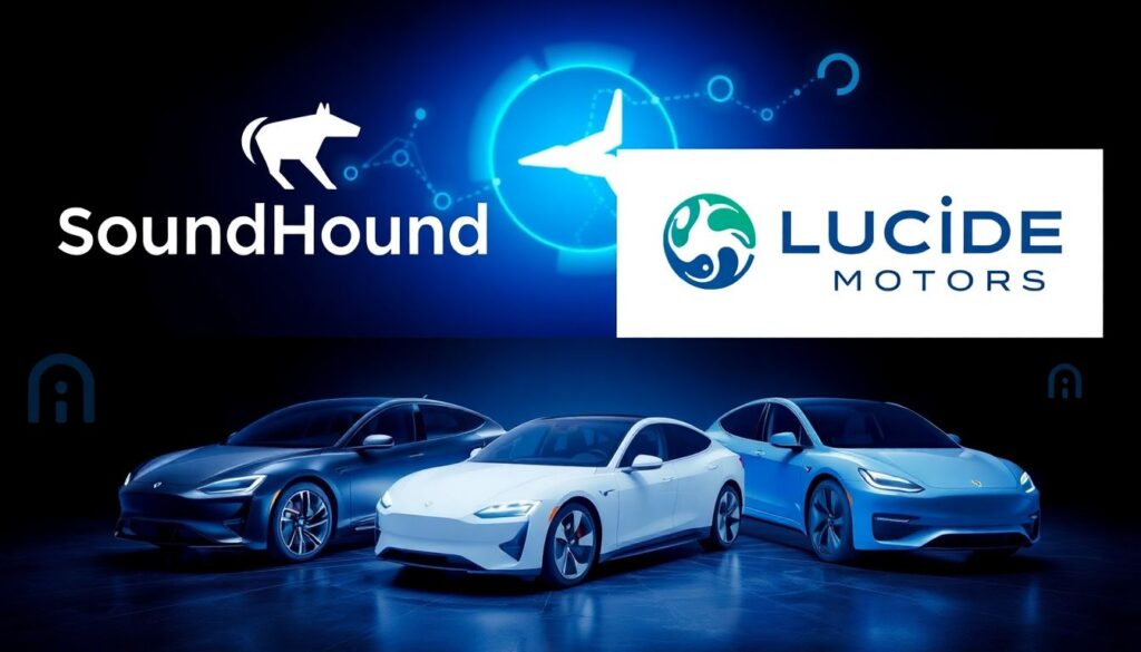 An image featuring the logos of SoundHound and Lucid Motors with electric vehicles and artificial intelligence elements.