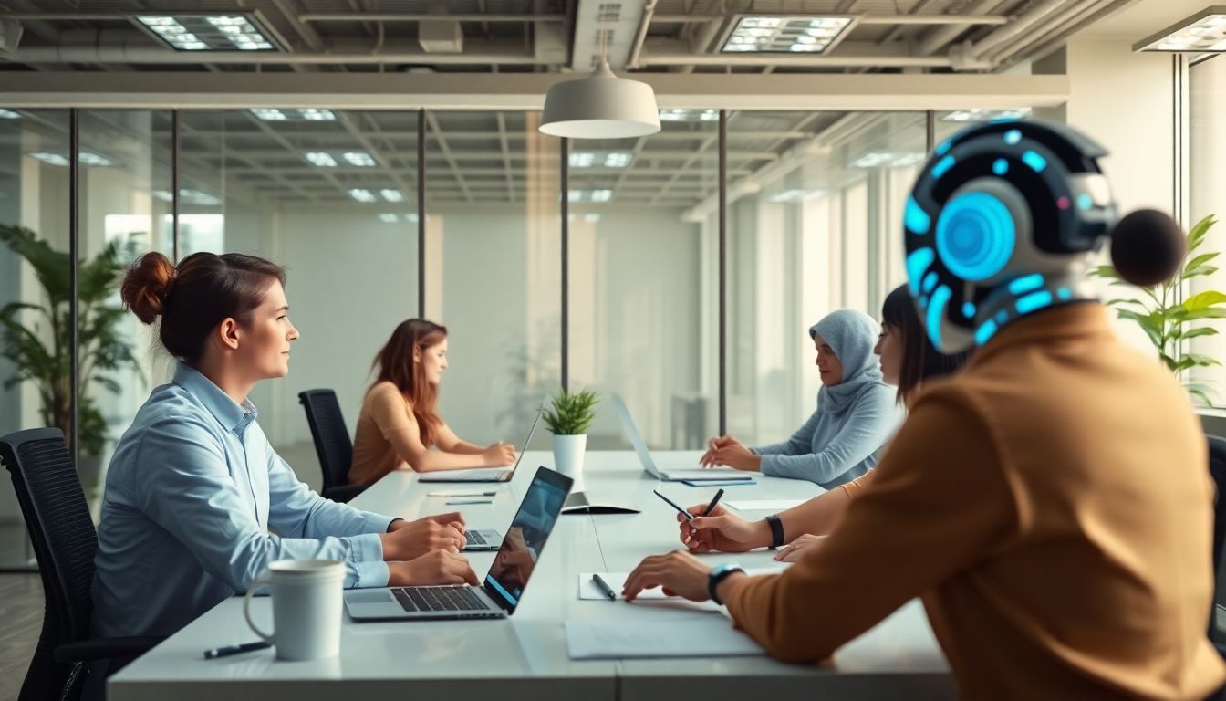 Showcase an office environment where AI agents are integrated into team meetings, helping with tasks and providing valuable insights.