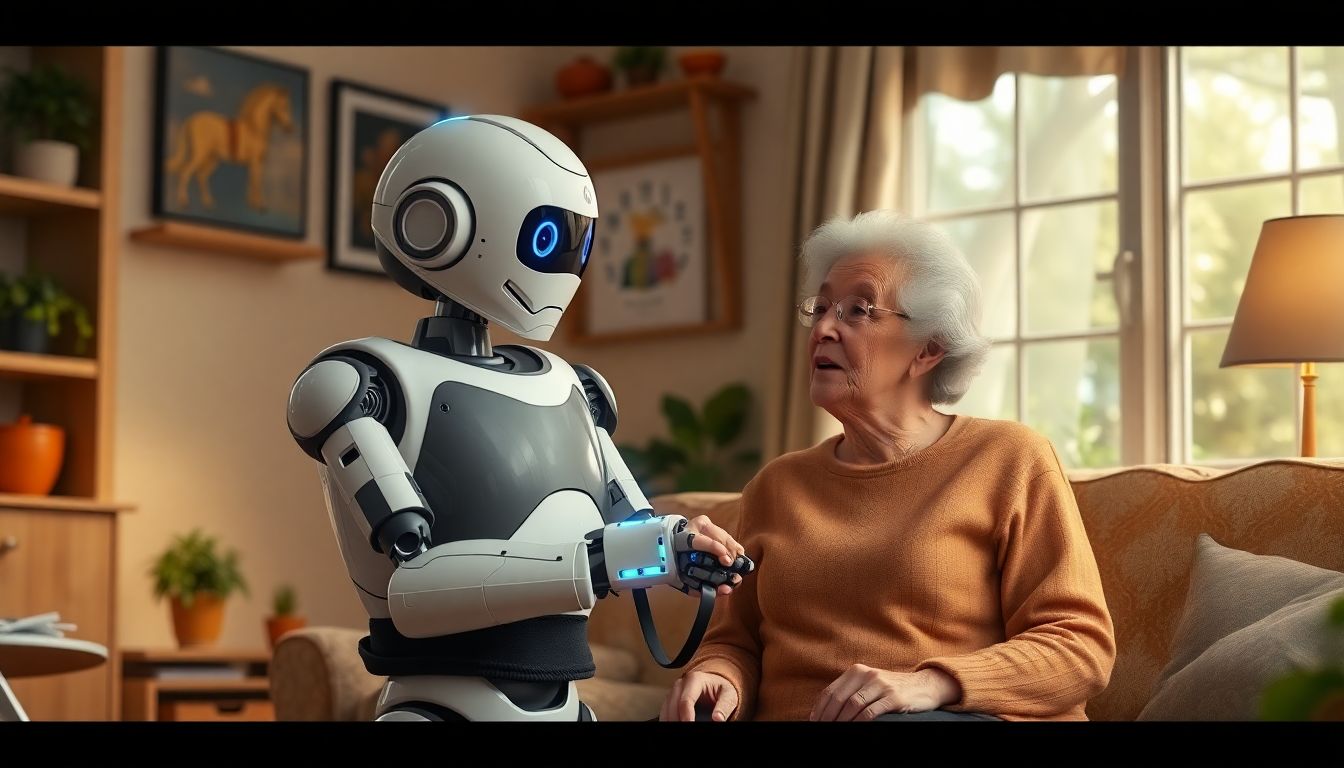 Depict a friendly robot assisting a person in a cozy home setting, with both the robot and the person showing signs of mutual respect and kindness.