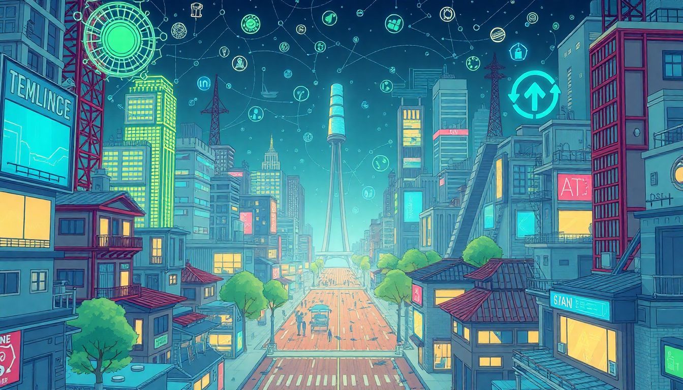 Illustrate a bustling city with AI technologies everywhere, highlighting the contrast between advanced AI-powered environments and more traditional, less technologically advanced areas.