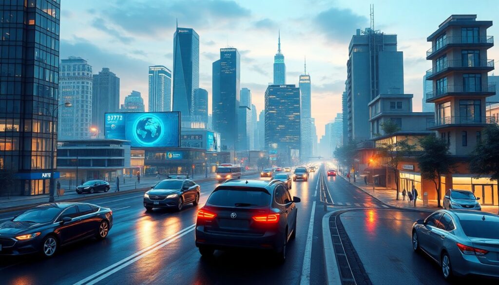 Create an image depicting a futuristic cityscape with AI-powered technologies integrated into daily life, such as autonomous vehicles, smart homes, and AI-assisted workspaces.