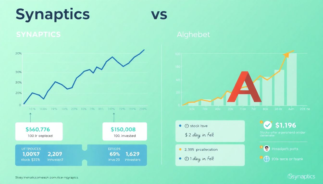 Design an infographic showing the stock performance of Synaptics and Alphabet, with visuals highlighting key financial metrics and investor sentiments.