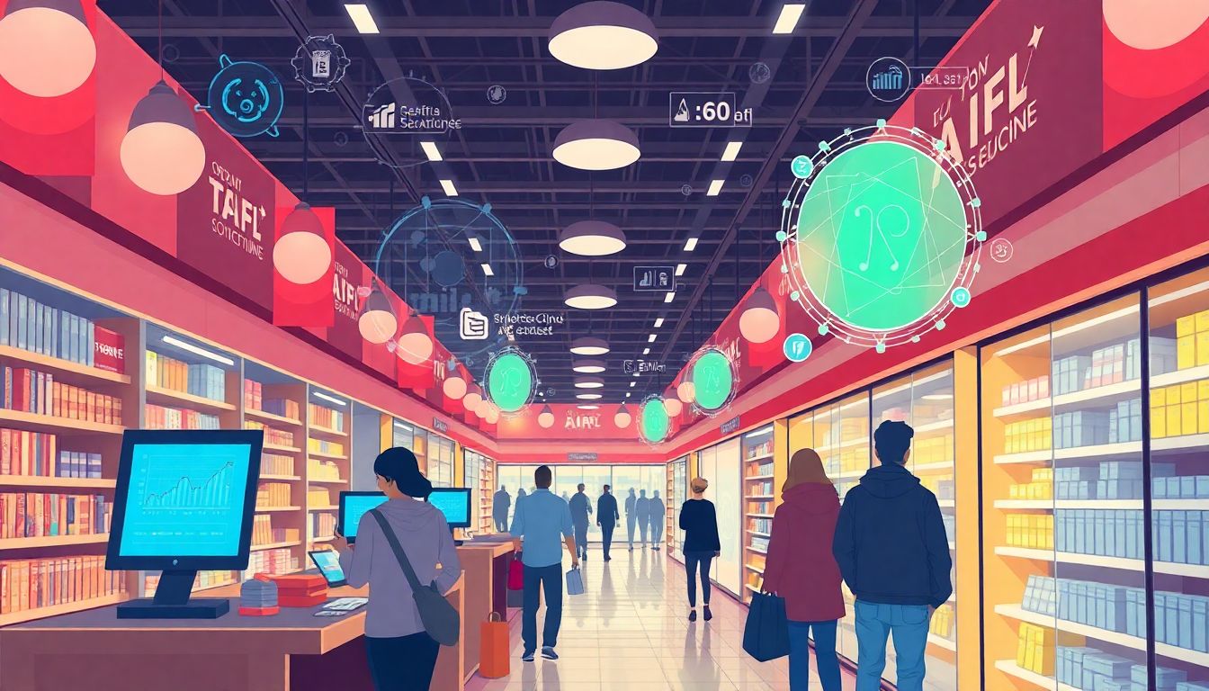 Illustrate a bustling retail store with smart devices using edge AI to enhance the shopping experience, with visual representations of real-time data processing.