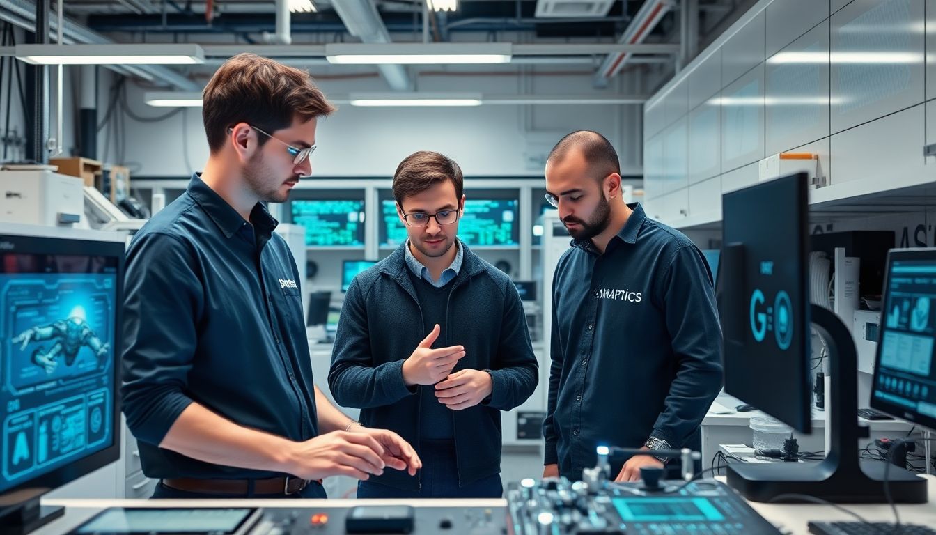 Create an image of a high-tech laboratory where engineers from Synaptics and Google are collaborating, surrounded by advanced AI hardware and software interfaces.