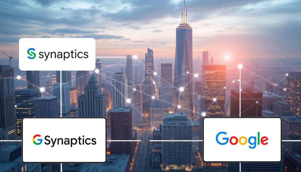 Generate an image of a futuristic cityscape with interconnected devices, highlighting the Synaptics and Google logos prominently displayed on various IoT devices.