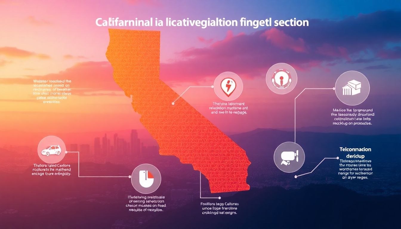 Create an image depicting the implementation of AI regulations in California, highlighting key sectors like healthcare and telecommunications.