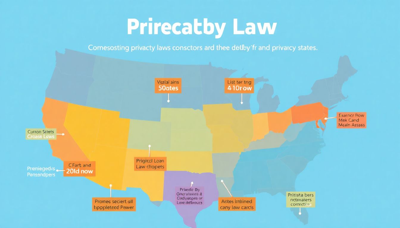 Design an image that represents the various privacy laws across different states, emphasizing the rights and protections they offer to consumers.