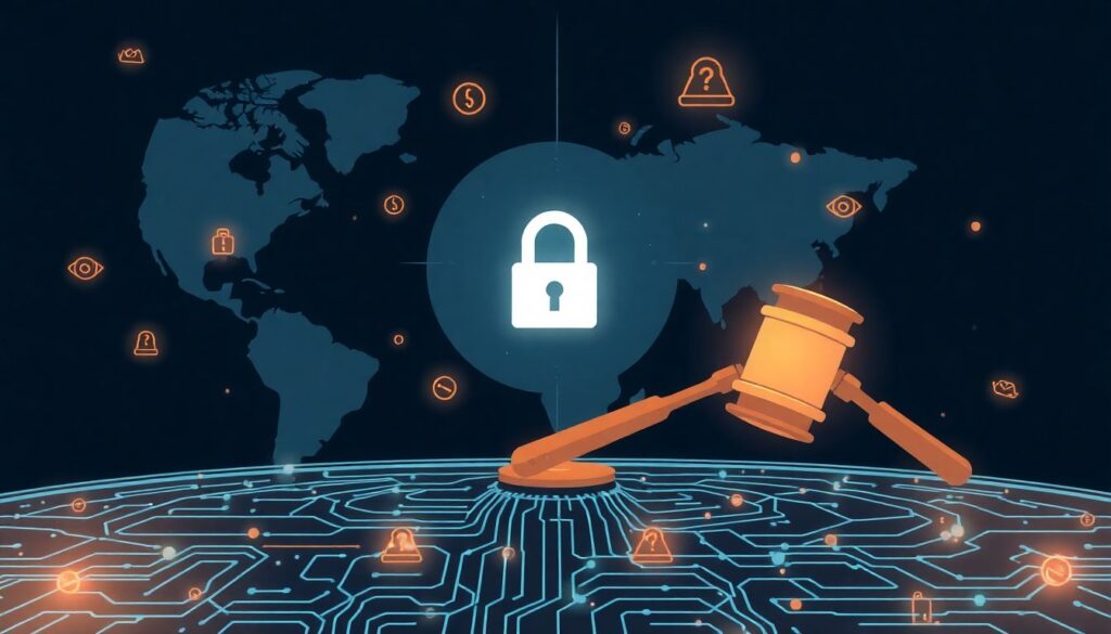 Generate an illustration that captures the essence of new AI and privacy laws coming into effect, with a focus on state-level initiatives and the impact on technology and society.