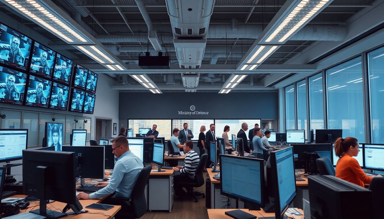 Create an image of a bustling office setting within the Ministry of Defense, showcasing high-tech equipment and team members working together.