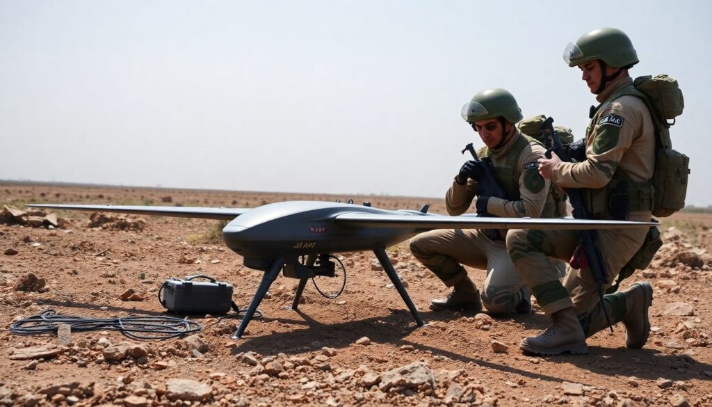 Generate an image of Israeli soldiers preparing a Skylark drone for launch near the Gaza border, with a focus on the high-tech equipment and the rugged terrain.