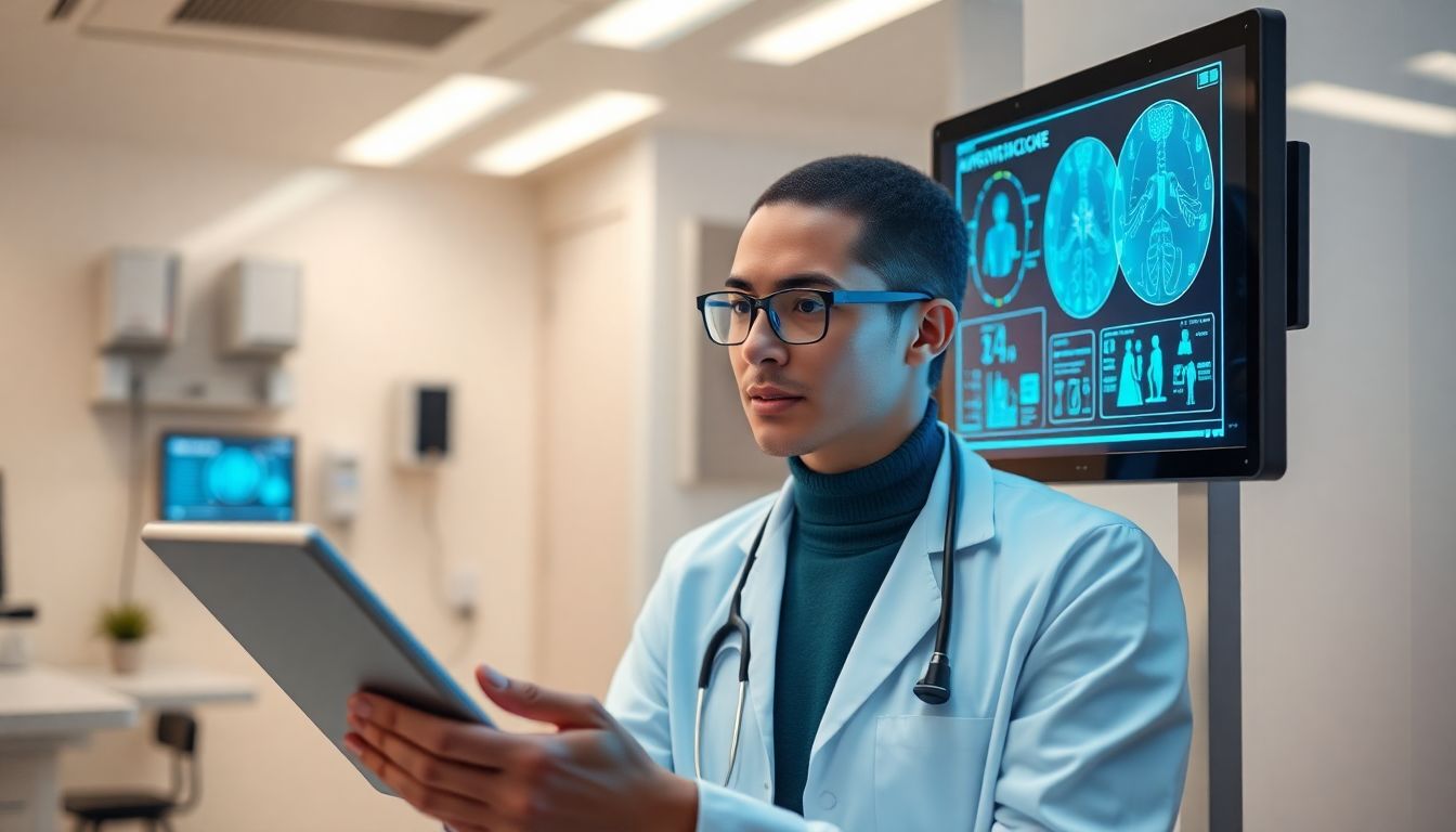 Create an image showcasing a doctor using AI-powered tools to provide personalized care to a patient in a high-tech clinic.