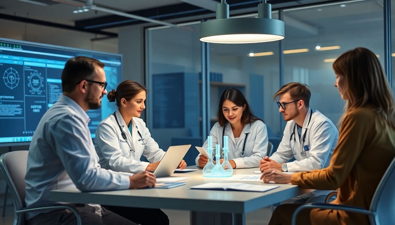 Generate an image depicting a healthcare organization's AI governance team working on regulatory compliance and best practices in a collaborative workspace.