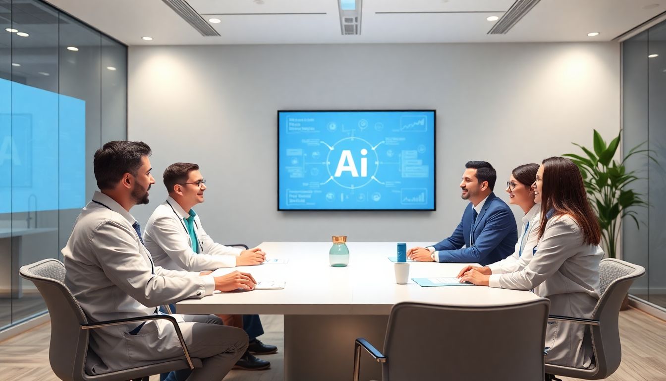 Generate an image illustrating a healthcare team discussing AI governance and value propositions in a modern conference room.