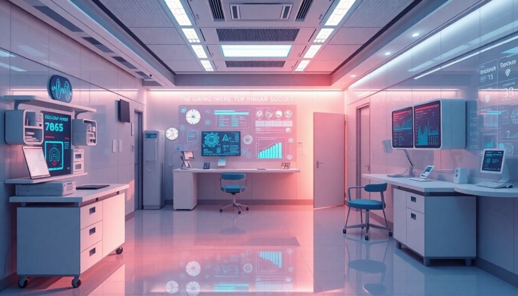 Create an image showcasing a futuristic healthcare setting with advanced AI and analytics tools, highlighting governance frameworks and high-value technologies.