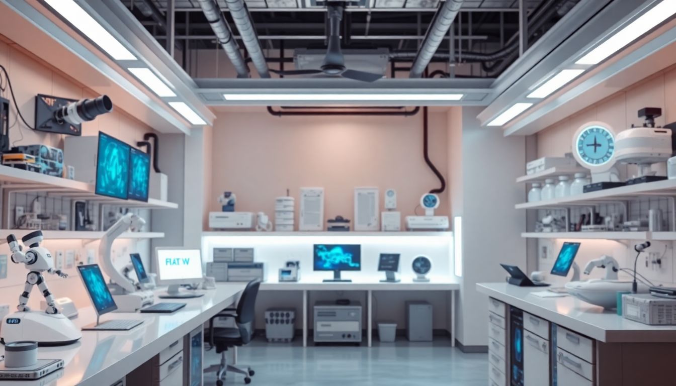 Depict a futuristic lab where AI is being used to revolutionize various industries, from healthcare to manufacturing.