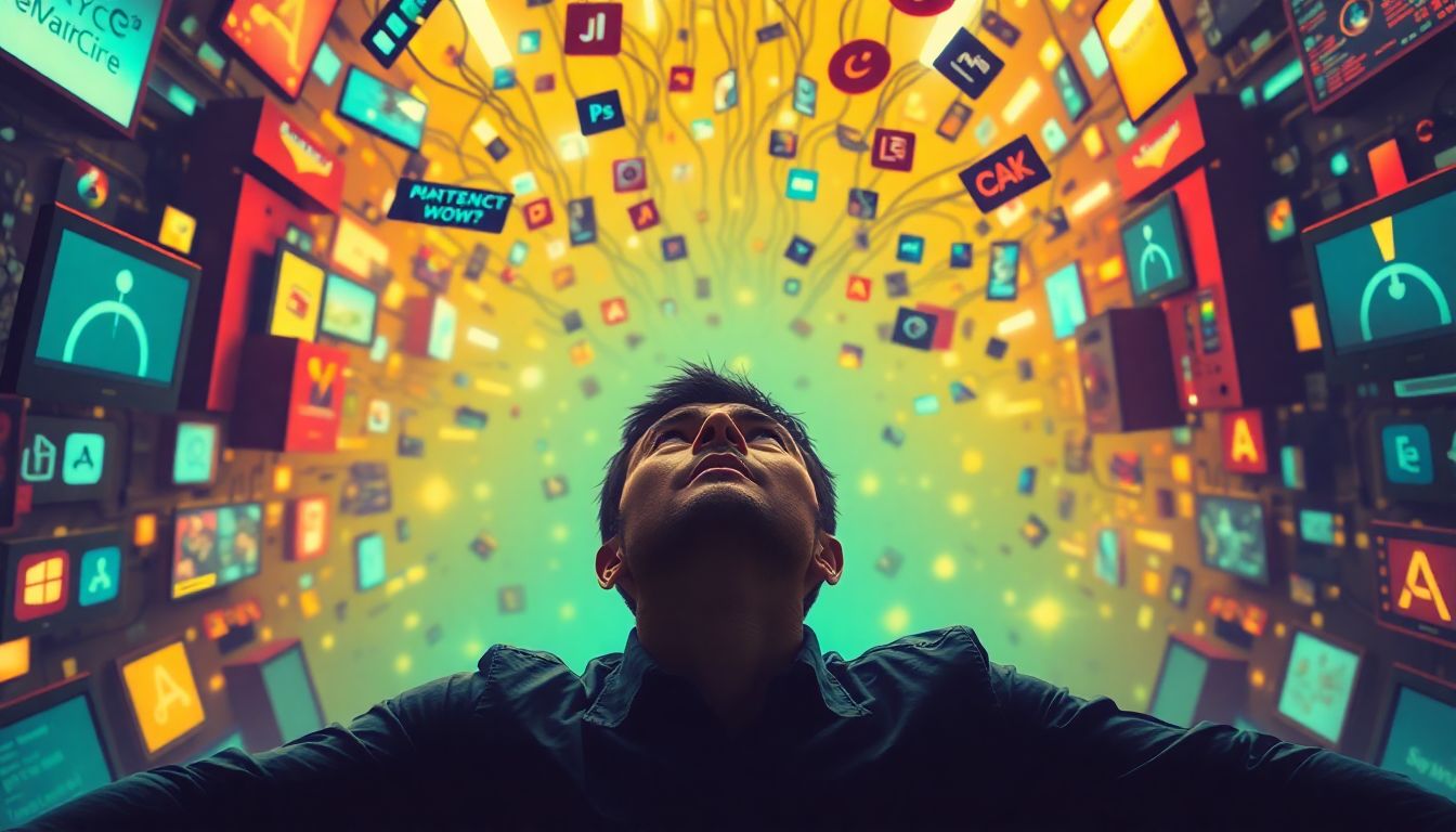 Create an image of a person struggling to keep up with an overwhelming amount of technology, surrounded by hype and unrealistic expectations.