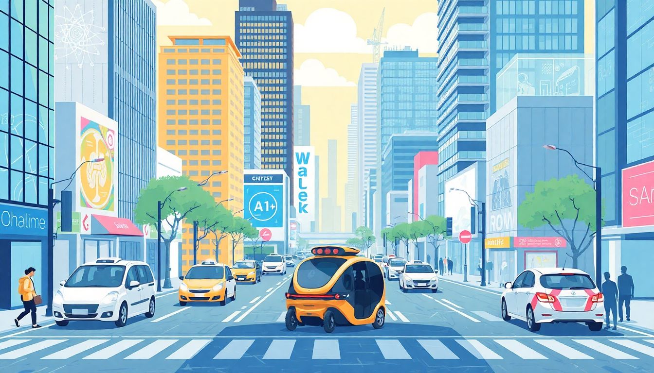 Illustrate a bustling city with AI-driven technologies integrated into daily life, such as autonomous vehicles and smart buildings.