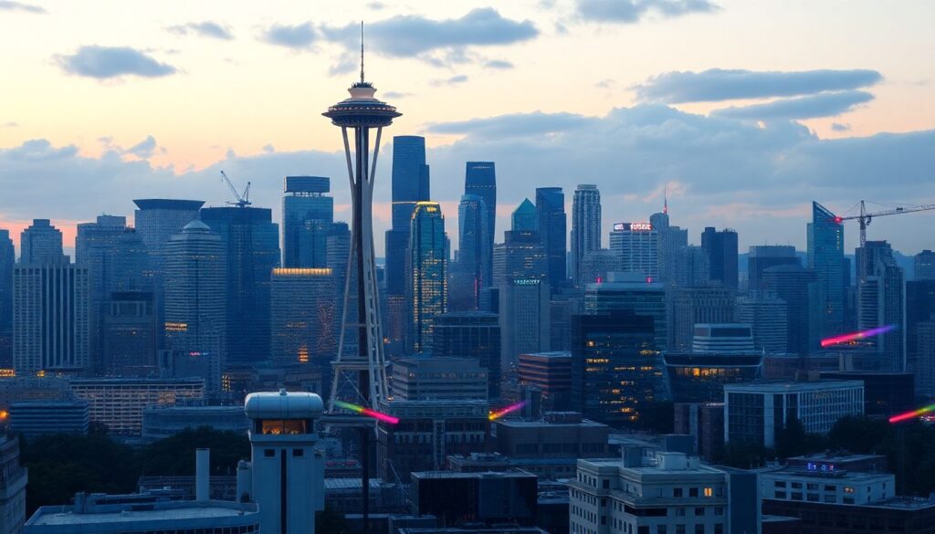 Create an image of a futuristic cityscape with a focus on Seattle's iconic landmarks, integrating elements of AI, technology, and remote work environments.