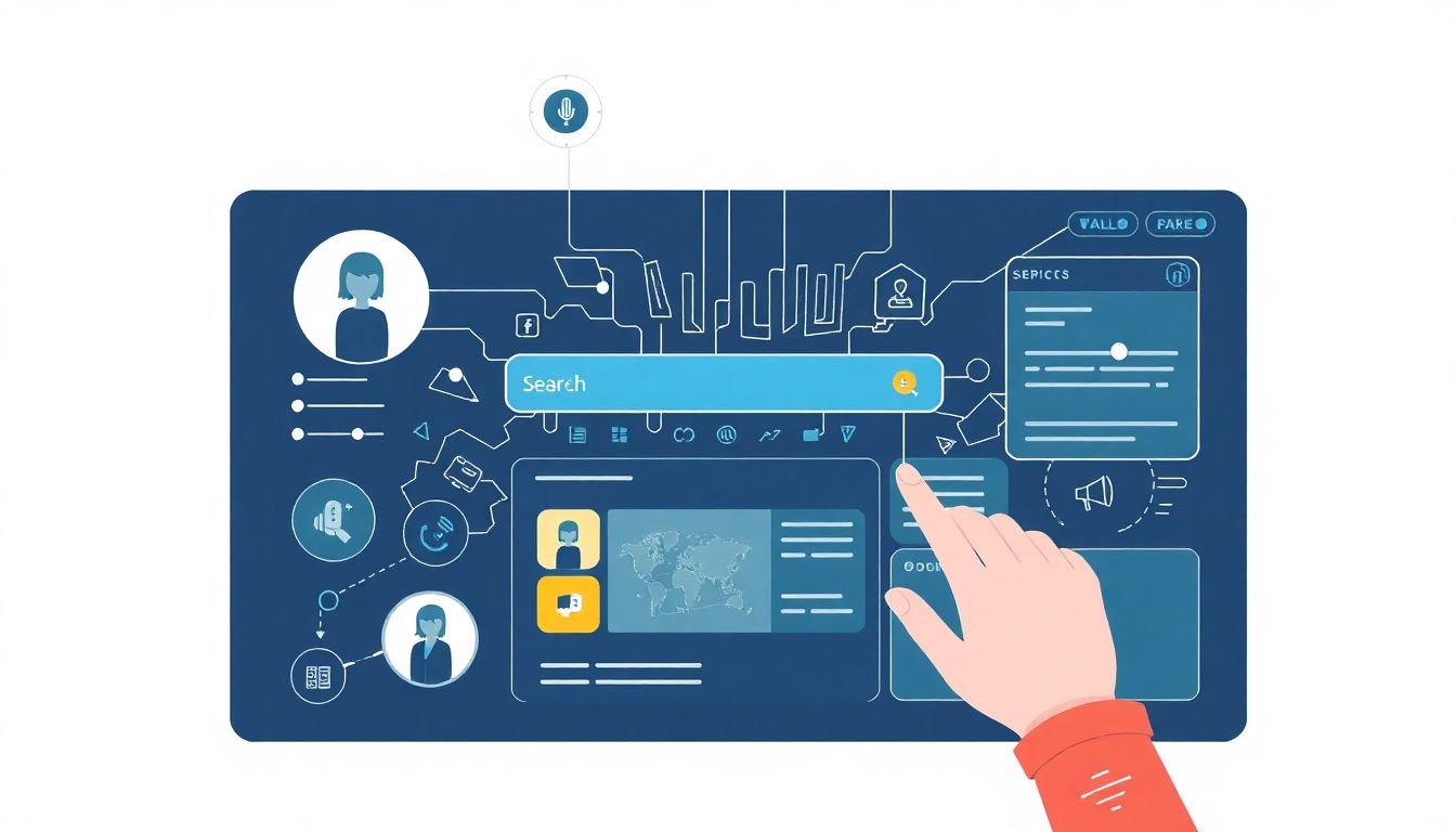 Illustrate a user interacting with a dynamic, AI-driven search interface, featuring voice, image, and text inputs, all seamlessly integrated.