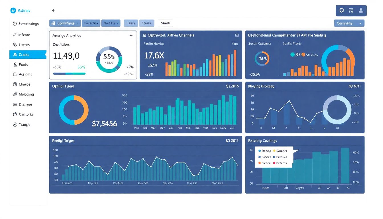 Create an image of a detailed analytics dashboard, displaying real-time data and insights from various channels, with AI-driven recommendations for optimizing campaigns.