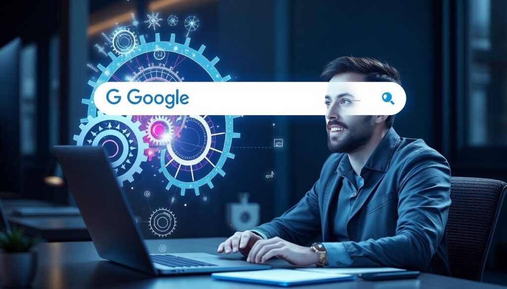 Create an image of a futuristic Google search bar with AI-powered gears turning inside it, sparkling with innovative technology. A marketer is sitting at a desk, eyes wide with excitement, looking at a holographic display of AI-driven advertising tools.