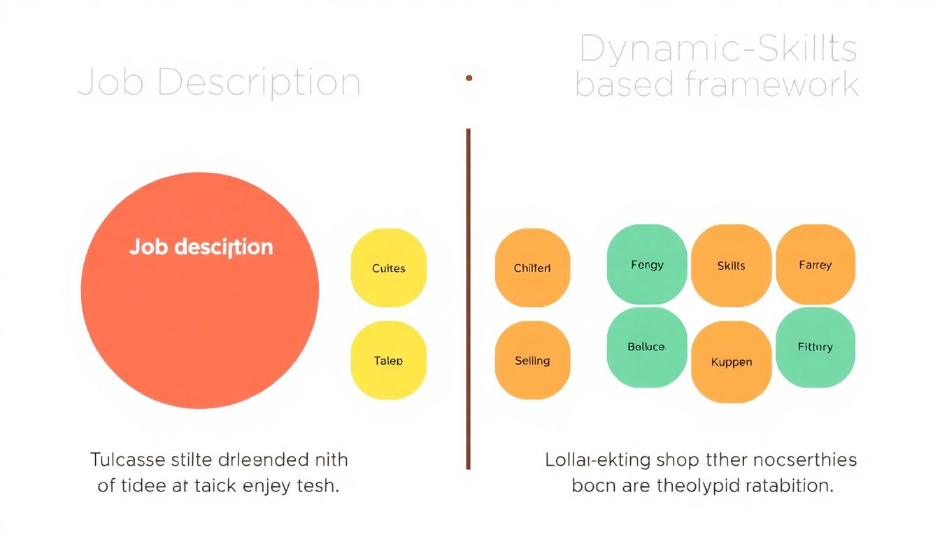 Illustrate a comparison between a traditional job description and a dynamic skills-based framework, showing how the latter allows for more fluid movement of talent within an organization.