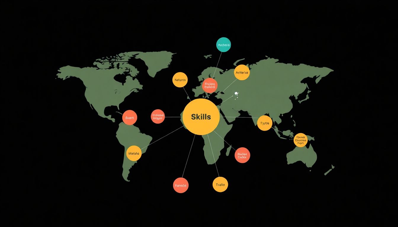 Create a visual representation of AI analyzing a person's experiences and hobbies to map out their skills, with a focus on the depth and breadth of abilities identified.