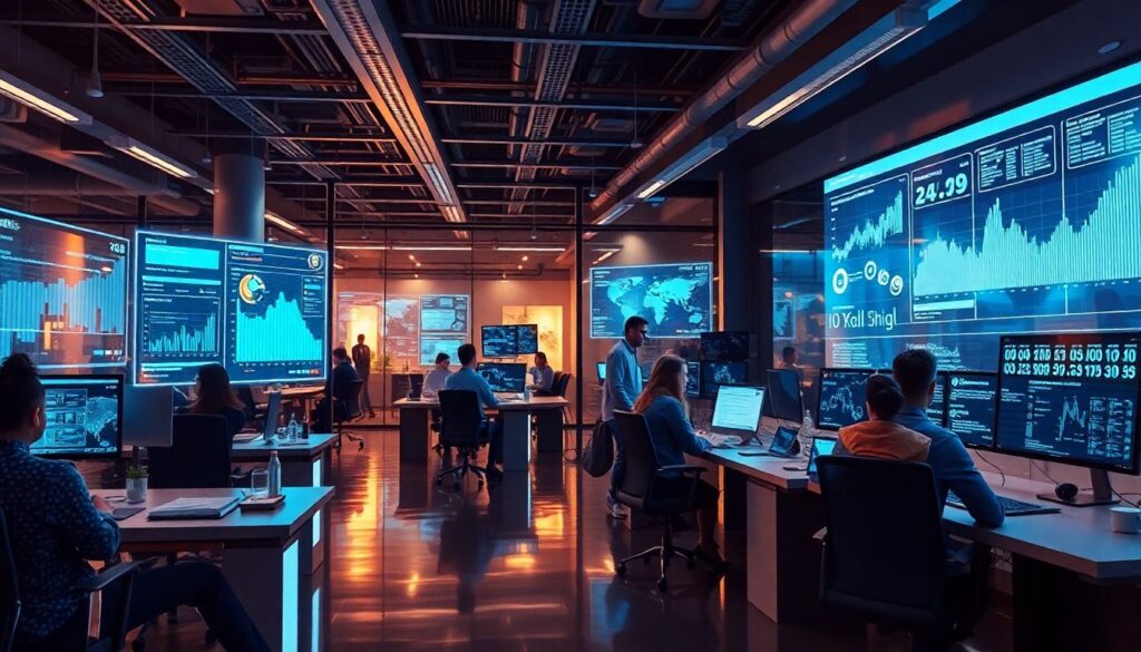 Create an image of a futuristic workplace where AI and human skills intertwine, with data analytics and skill maps displayed on holographic screens. The environment should be dynamic and vibrant, reflecting a forward-thinking organization.
