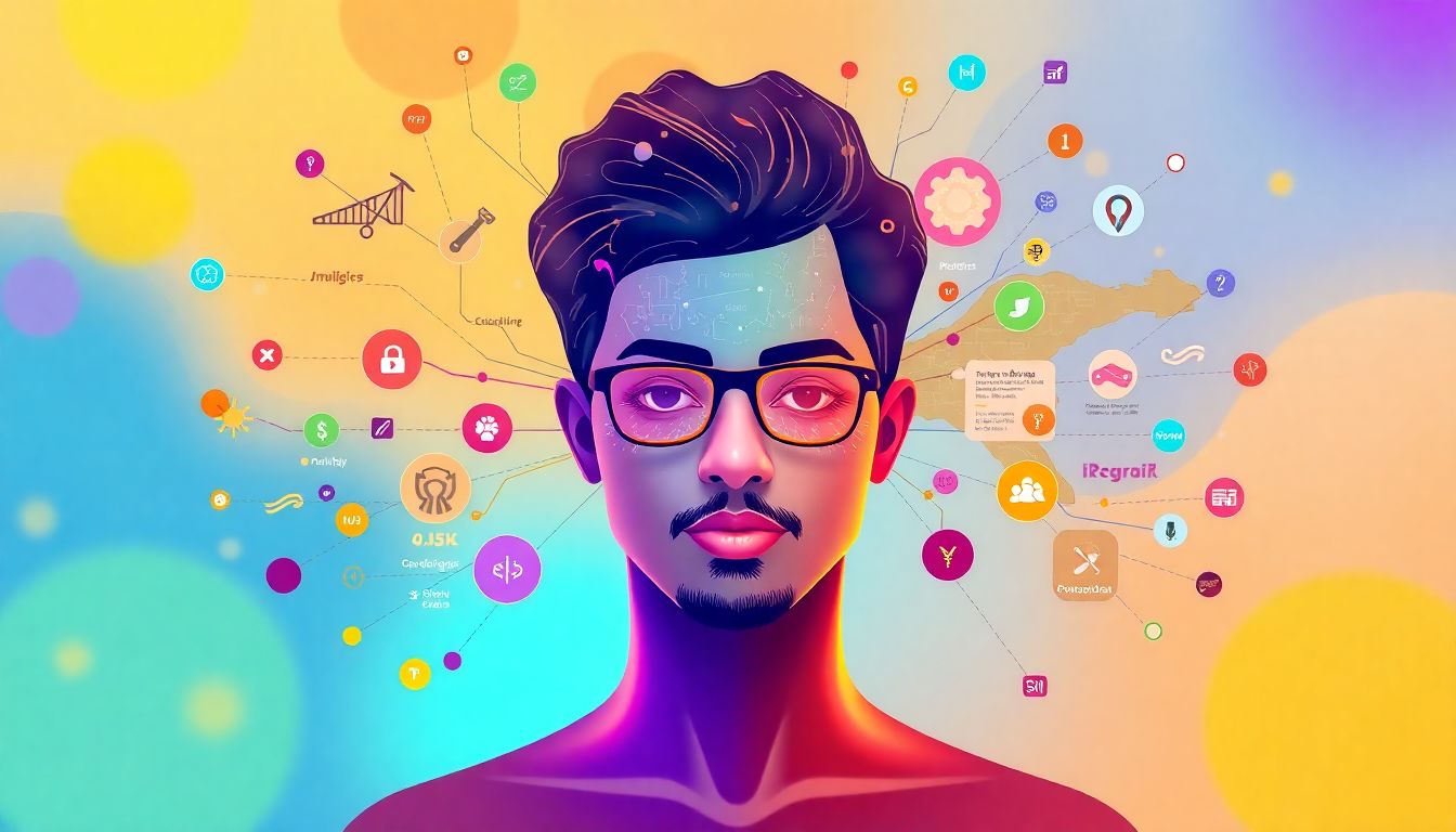 AI's Role in Identifying Hidden Talents Create a visual representation of AI analyzing a person's experiences and hobbies to map out their unique skills, with vibrant colors and dynamic elements.