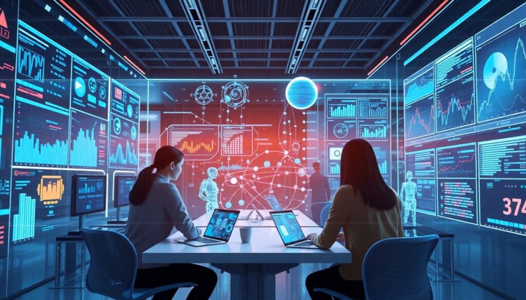 Why AI and Skills Are the New Barometer for Organizational Success Create an image of a futuristic workplace where AI and human skills intertwine, with data visualizations and dynamic team collaborations.