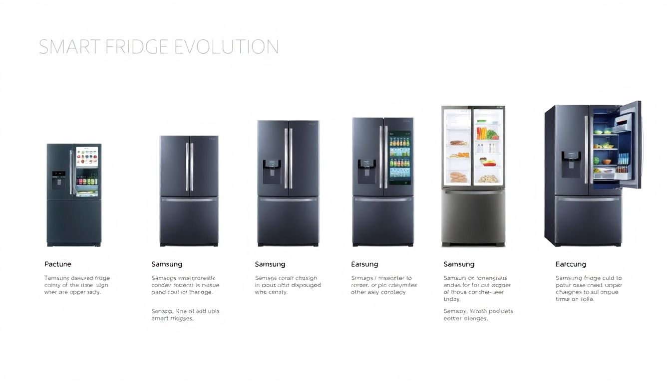 Illustrate a timeline of smart fridge evolution, from early models to the current Samsung smart fridges with AI Vision Inside, highlighting key features and advancements over time.