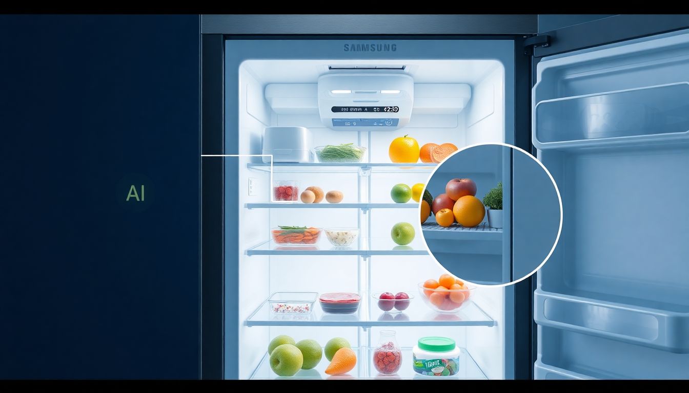 Design an image showcasing the internal workings of the Samsung smart fridge, with cameras and AI systems labeled, and a close-up of the fridge door camera identifying various food items.