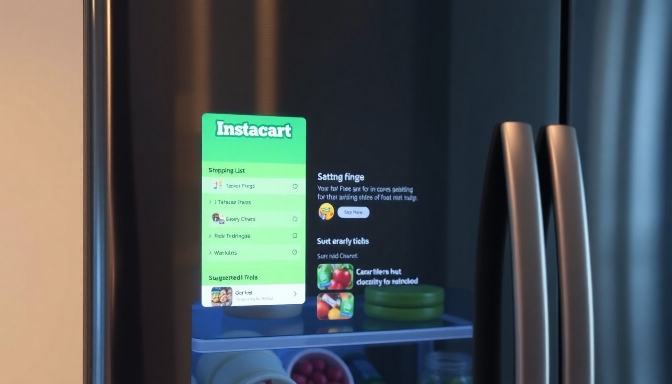 Create an image of a Samsung smart fridge screen displaying the Instacart app, with a shopping list and suggested items based on the fridge's current contents.