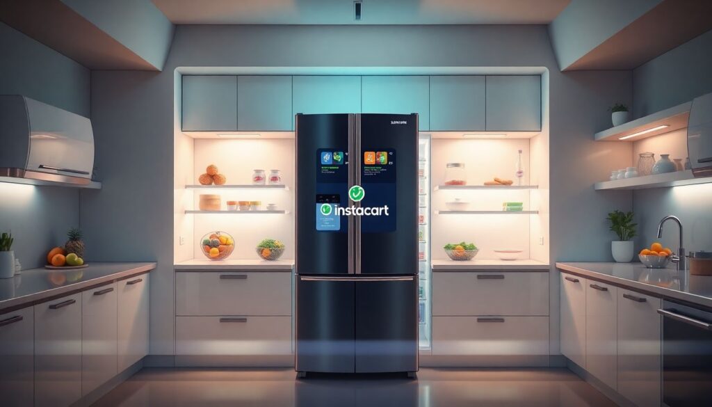 Create an engaging image of a futuristic kitchen with a Samsung smart fridge at the center, displaying a vibrant screen with grocery suggestions and the Instacart logo.