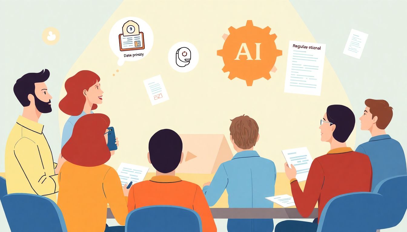 Illustrate a scene where a diverse group of people is discussing AI ethics, with visual elements representing data privacy, job security, and regulatory documents.