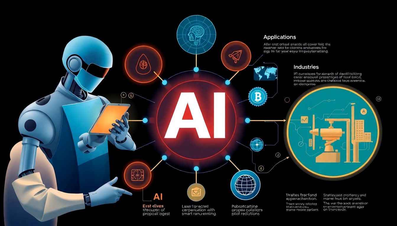 Design a visual representation of AI applications in different industries, showing robotic surgeons, AI-driven financial analysis, and smart manufacturing processes.