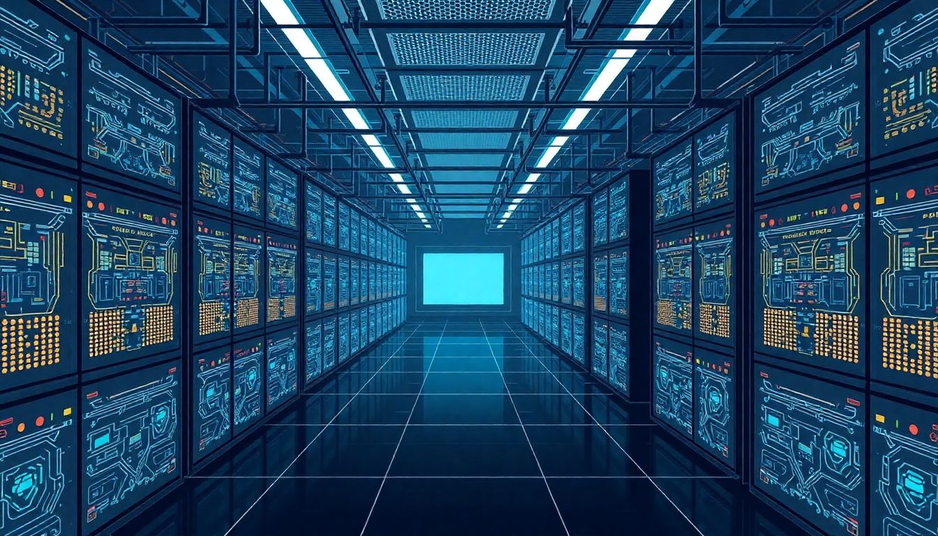 Create an illustration of a cutting-edge data center filled with advanced AI hardware, including quantum computers and neural networks.