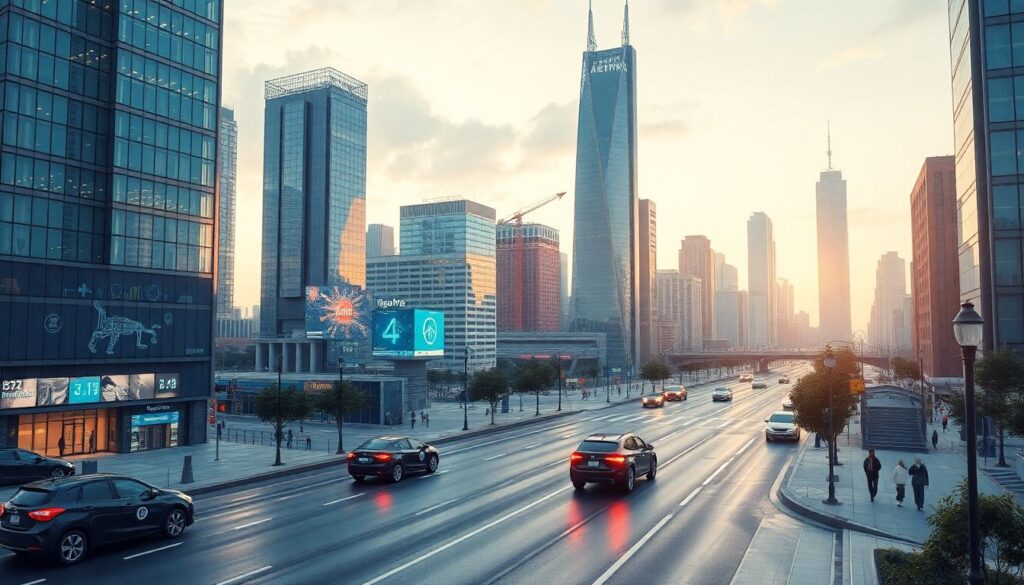 Generate an image of a futuristic cityscape with AI-powered technologies integrated into everyday life, such as self-driving cars, smart buildings, and advanced robotics.