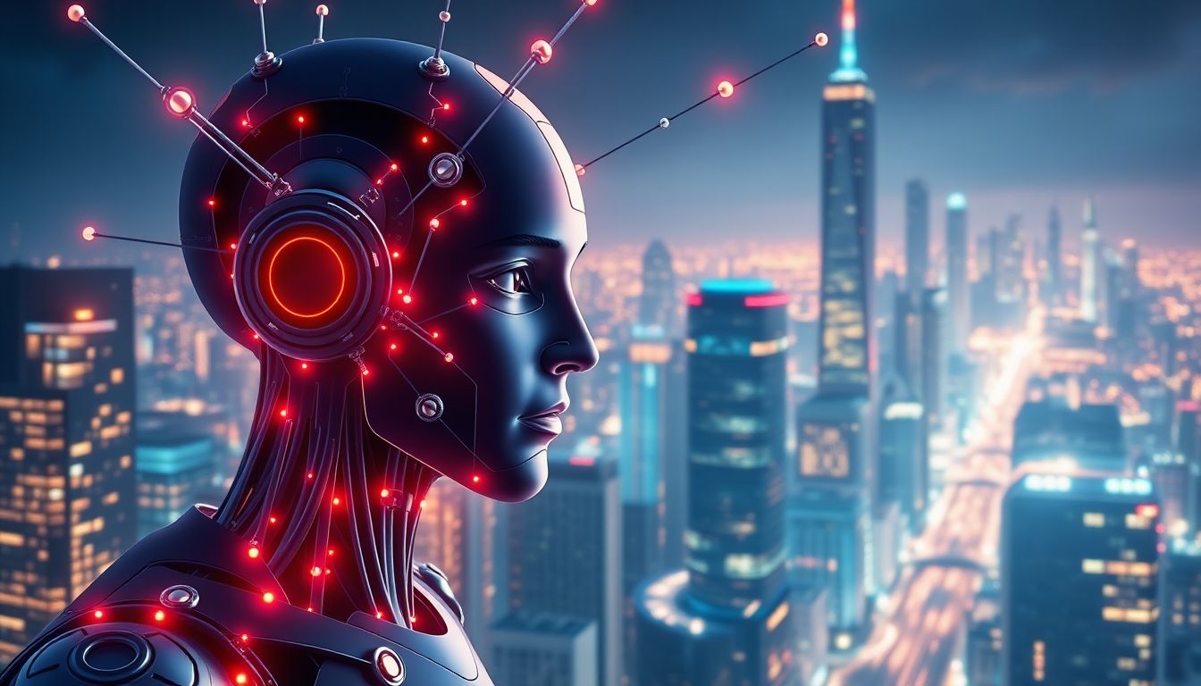 Create an image of an AI agent successfully managing a complex web of crypto investments, with a futuristic cityscape in the background representing the potential of AI in DeFi.