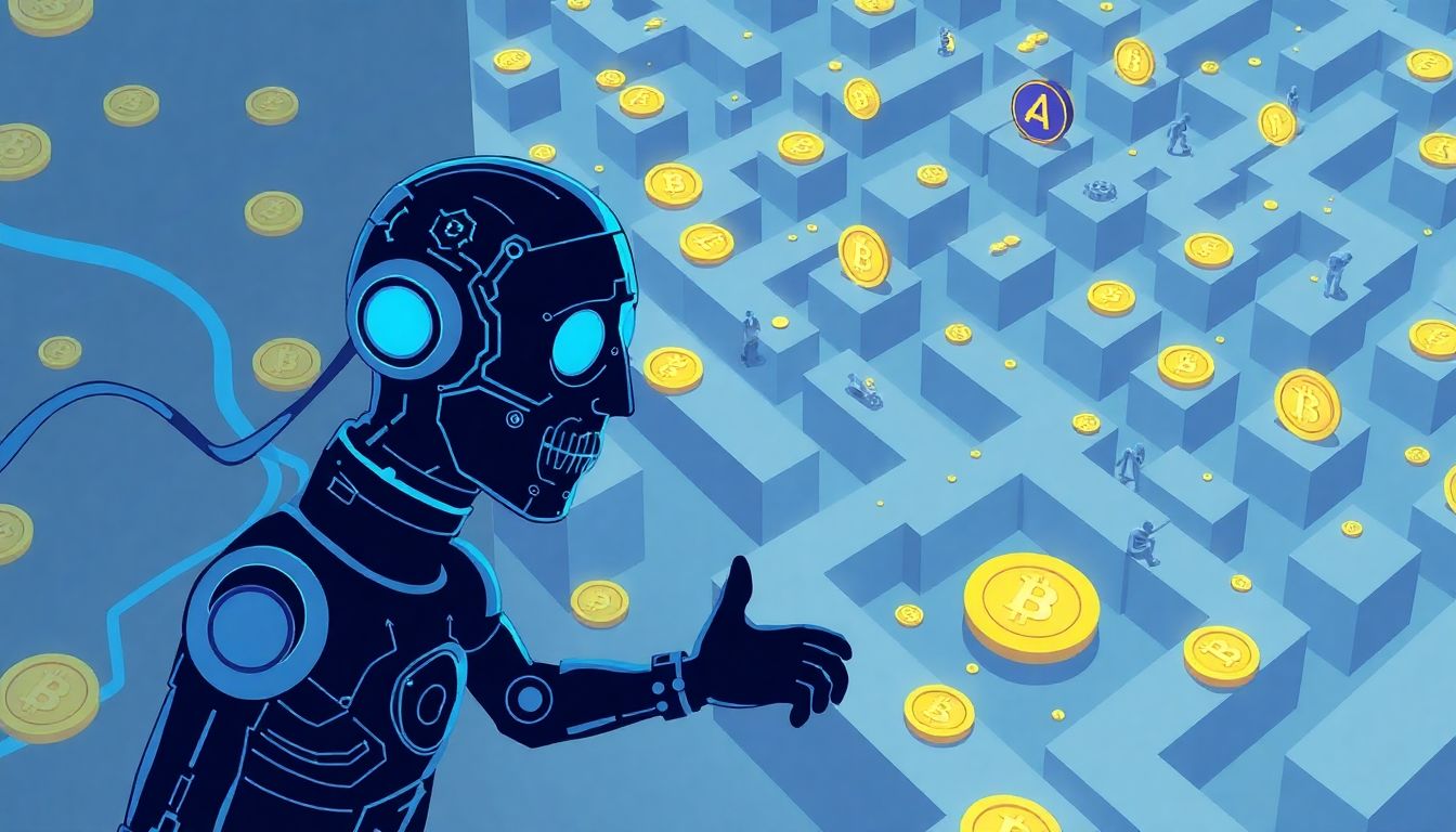 Illustrate an AI agent struggling to navigate a maze of crypto investments, with various obstacles representing the current limitations and challenges.