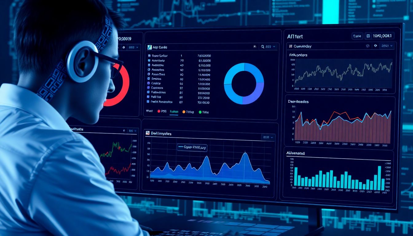 Design an image of an AI agent analyzing various DeFi protocols on a digital dashboard, with charts and graphs showing potential investment strategies.