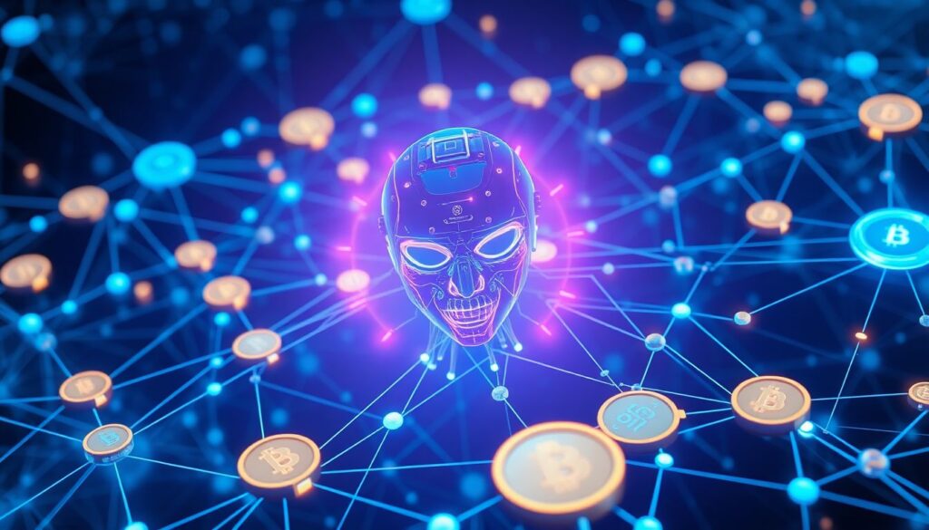 Create an image of a futuristic AI agent navigating through a complex web of blockchain networks, with various crypto coins and DeFi protocols surrounding it.