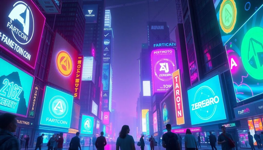 AI Meme Tokens Like FARTCOIN Dominate Crypto Markets, Suggesting Powerful 2025 Trend – Unchained Create an image of a futuristic cityscape with neon lights and holographic billboards displaying AI meme tokens like FARTCOIN, AI16Z, and ZEREBRO. The scene should convey a sense of excitement and innovation, with people using advanced technology and digital currencies in their daily lives.