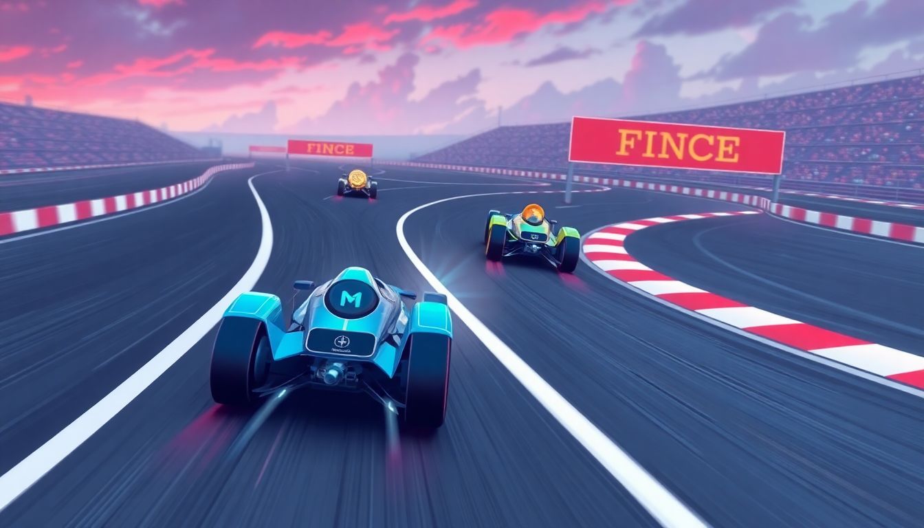 Illustrate a dynamic race track with AI memecoins like Fartcoin, ai16z, and Virtual Protocol competing, each token represented as a futuristic race car speeding towards the finish line.