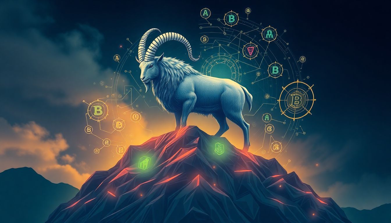 Design an image featuring Goatseus Maximus as a powerful, mythical creature standing atop a mountain of technological innovations, with AI circuits and crypto symbols swirling around it.