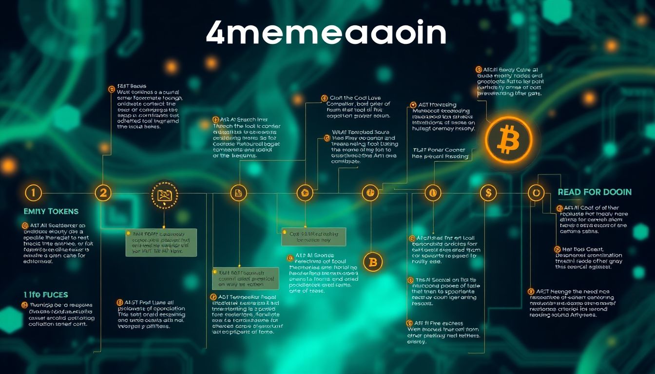 Create an image showing a timeline of AI memecoin development, with key milestones and popular tokens highlighted in a vibrant, tech-savvy design.