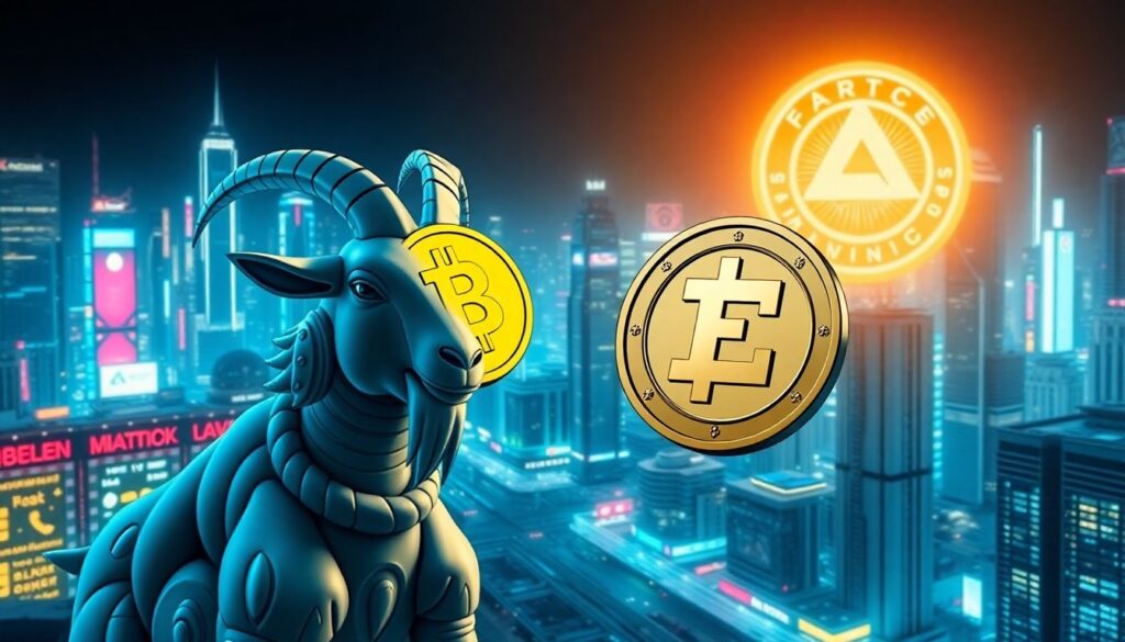 Generate an image that captures the explosive growth of AI meme tokens, with Goatseus Maximus and Fartcoin at the forefront, surrounded by a bustling cityscape filled with neon lights and futuristic buildings.