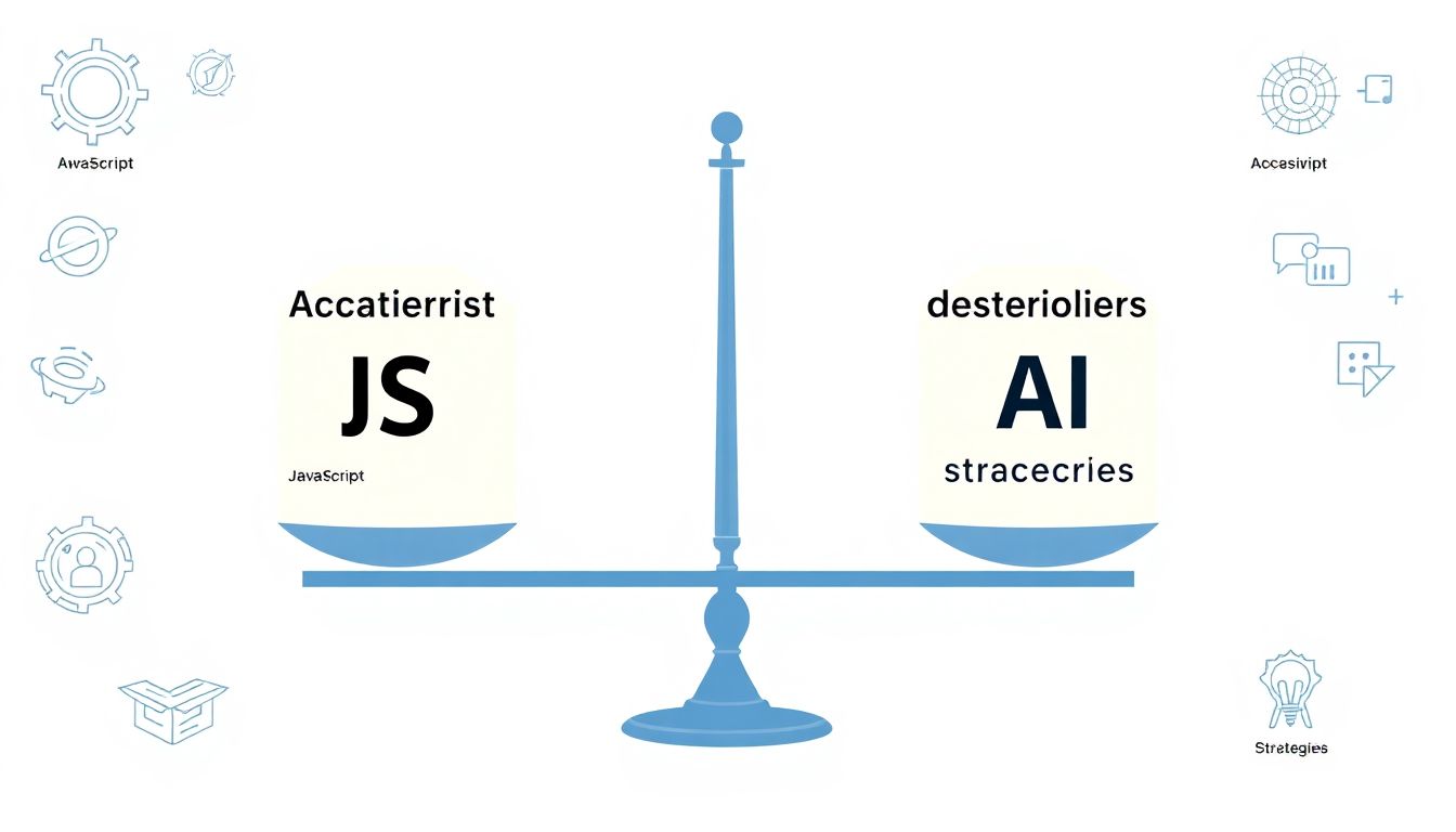 Show a balanced scale with JavaScript features on one side and AI crawler accessibility on the other, surrounded by development tools and strategies.