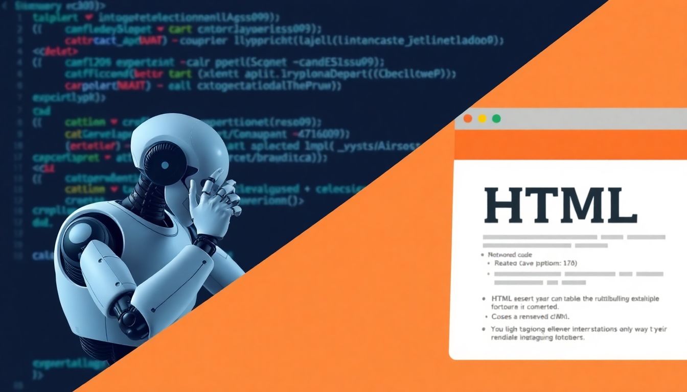 Create an image of AI bots struggling to render JavaScript code, contrasted with a smoothly rendered HTML page.